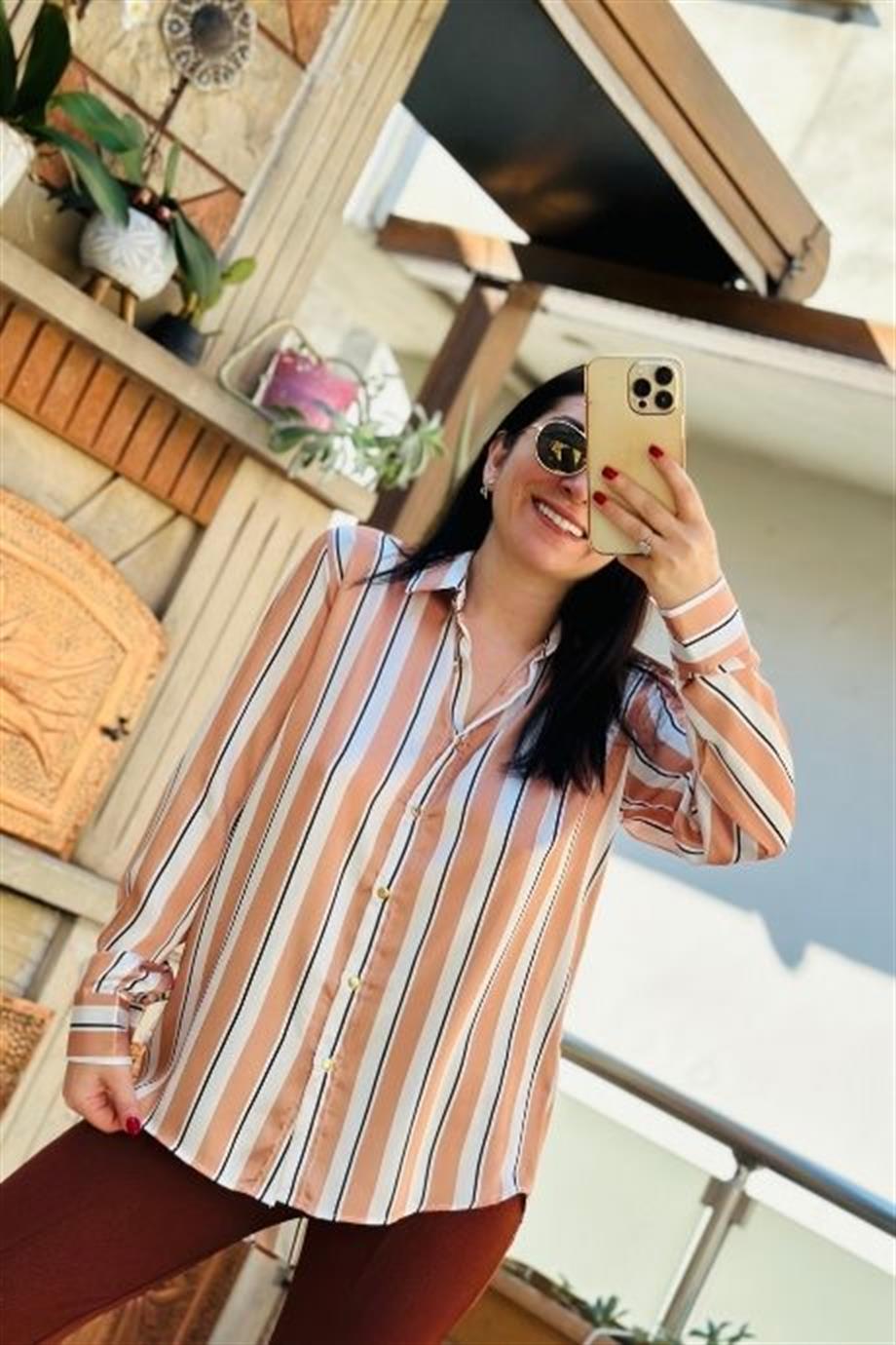 Ön Düğmeli Şeritli Saten Gömlek KAHVERENGİ