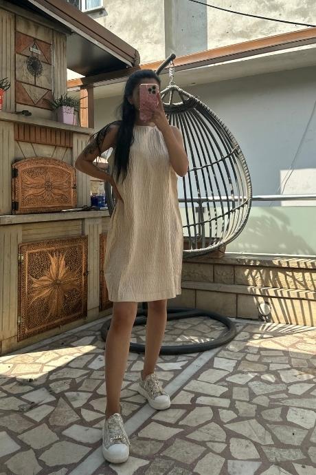Sıfır Kol Keten Kumaş Efil Elbise Bej