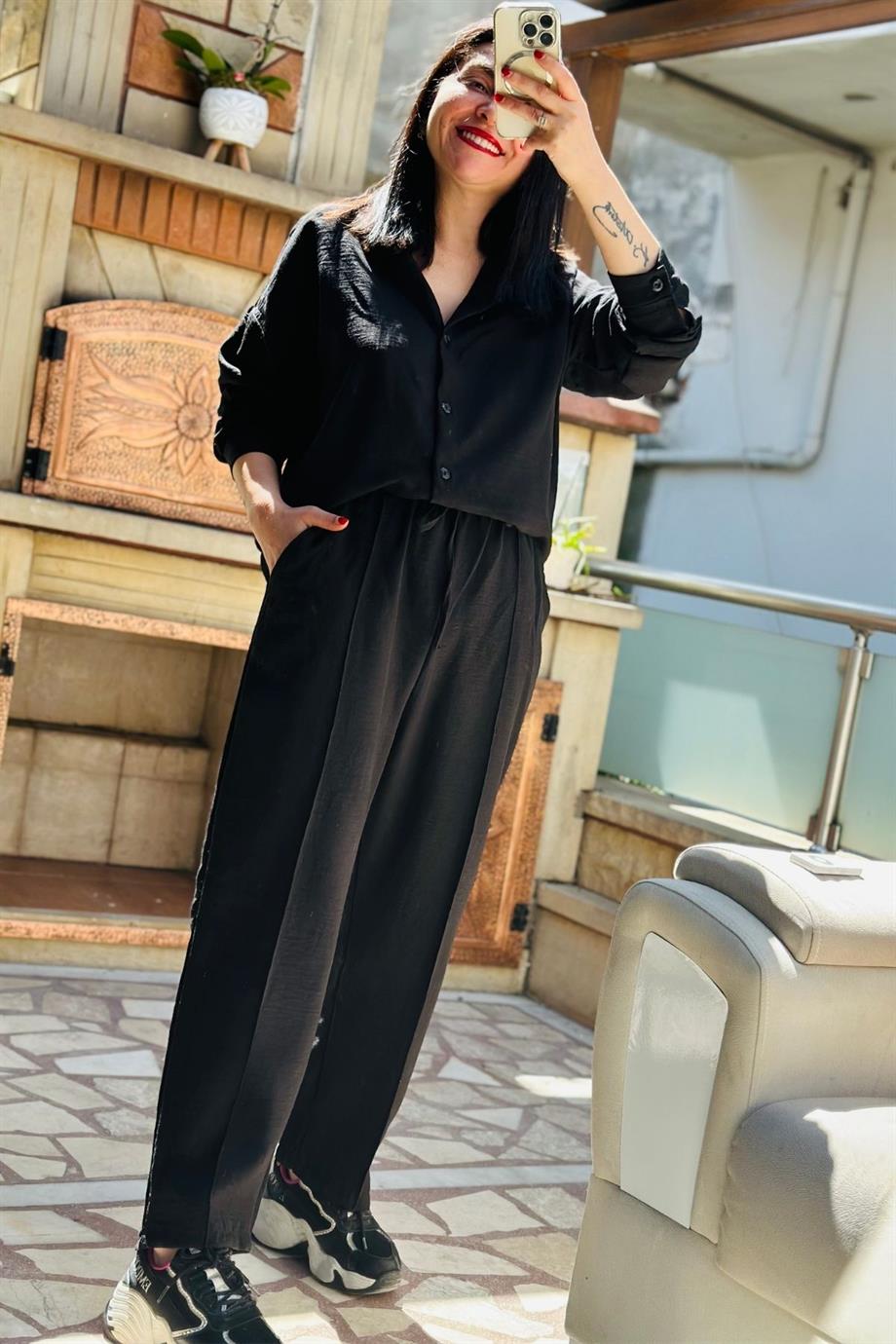 Oversize Kalıp Gömlek Şalvar İkili Takım SİYAH