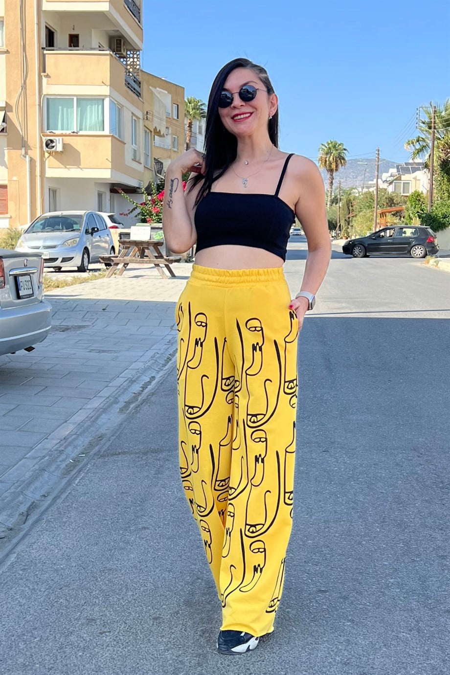 Sarı Slüet Baskılı Palazzo Model Rahat Kalıp Eşofman