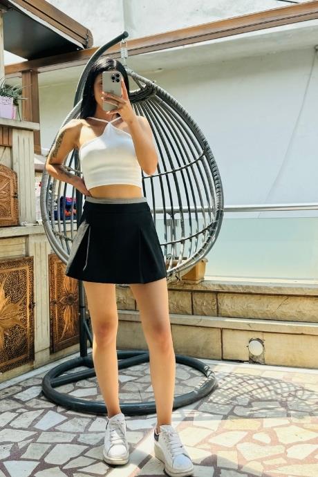 Bel Gri Şeritli Etek Siyah