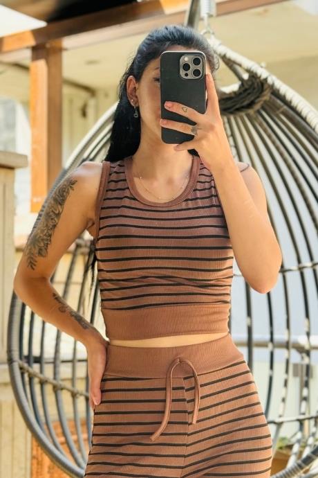 Çizgili Halter Yaka Crop Kahverengi