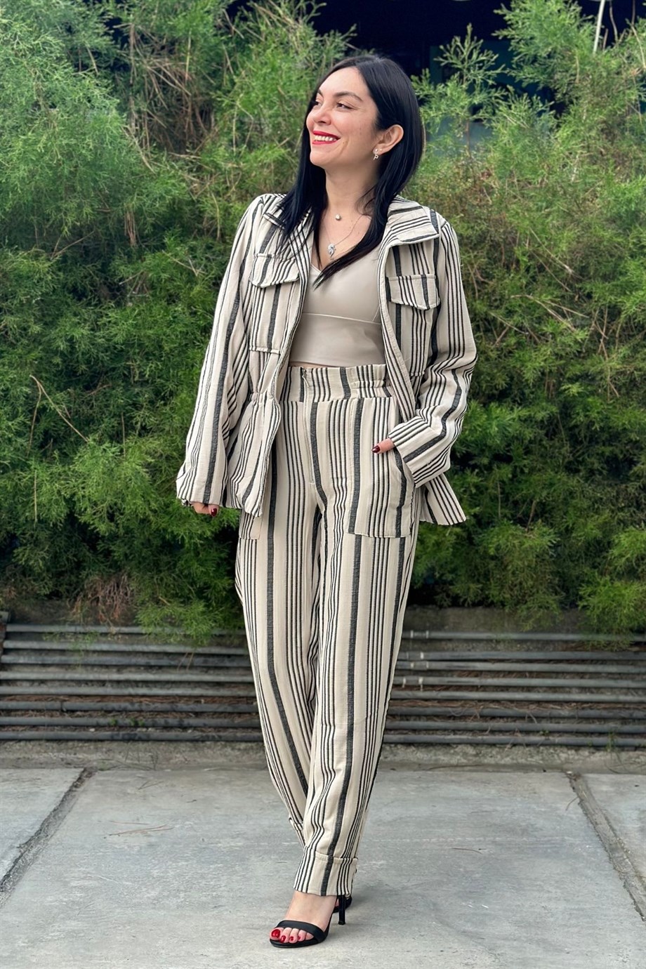 Bel Lastik Tek Düğmeli Astarlı Çizgili Blazer Ceket Vizon