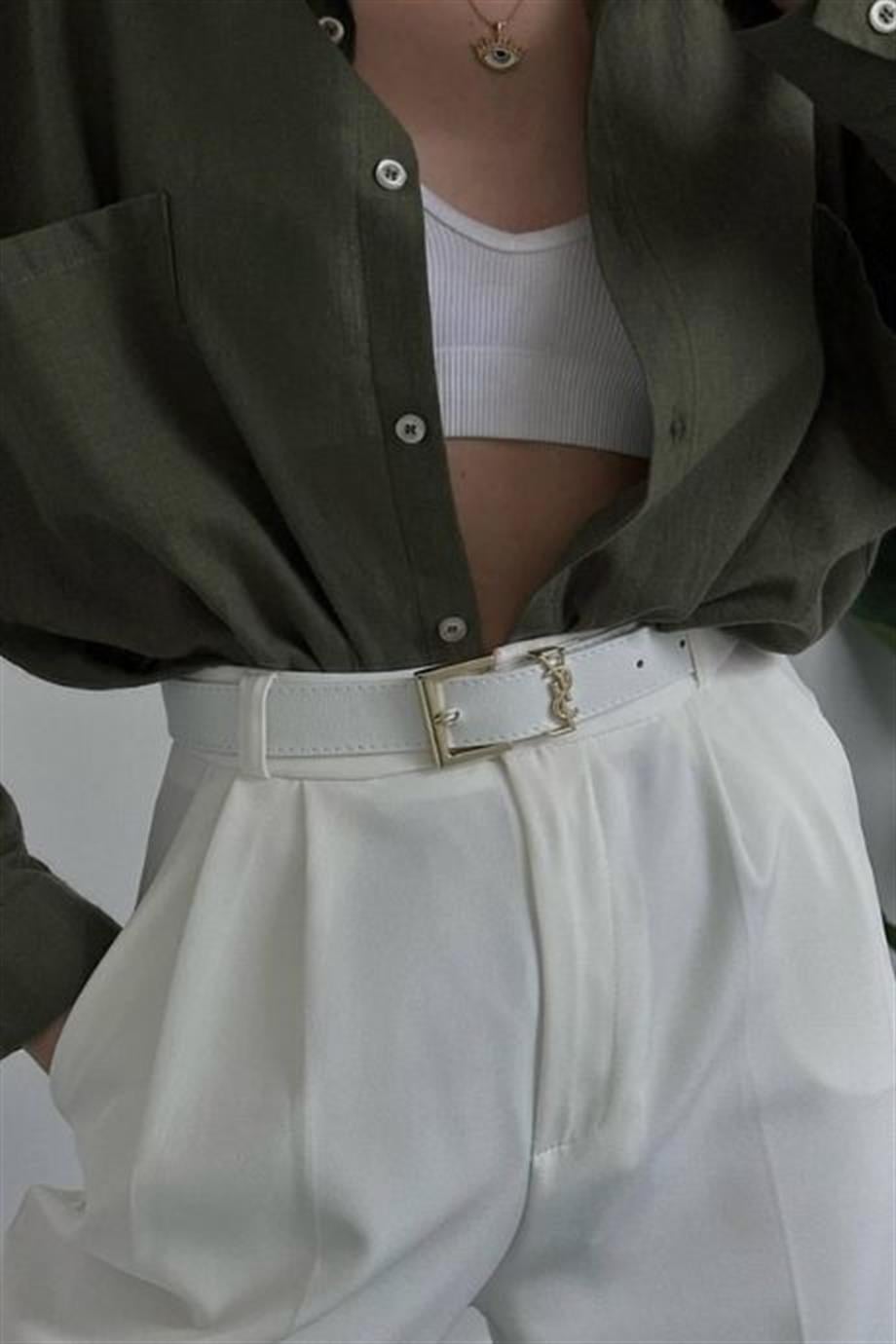 YSL Toka Detaylı Düz Deri Kemer BEYAZ
