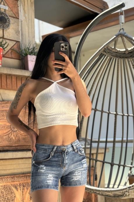 İp Askılı Kaşkorse Crop Beyaz
