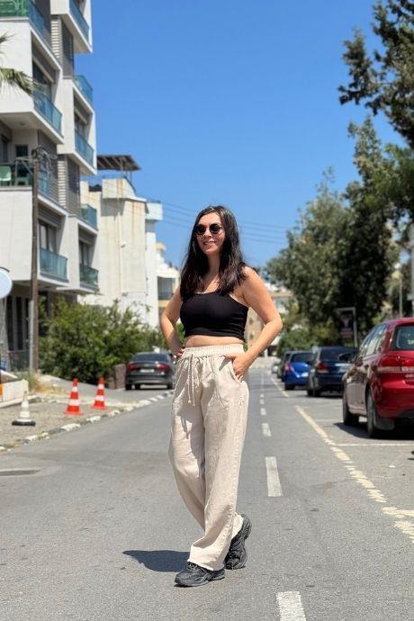 Bel İp Ve Lastik Detaylı Gabardin Pantolon Bej