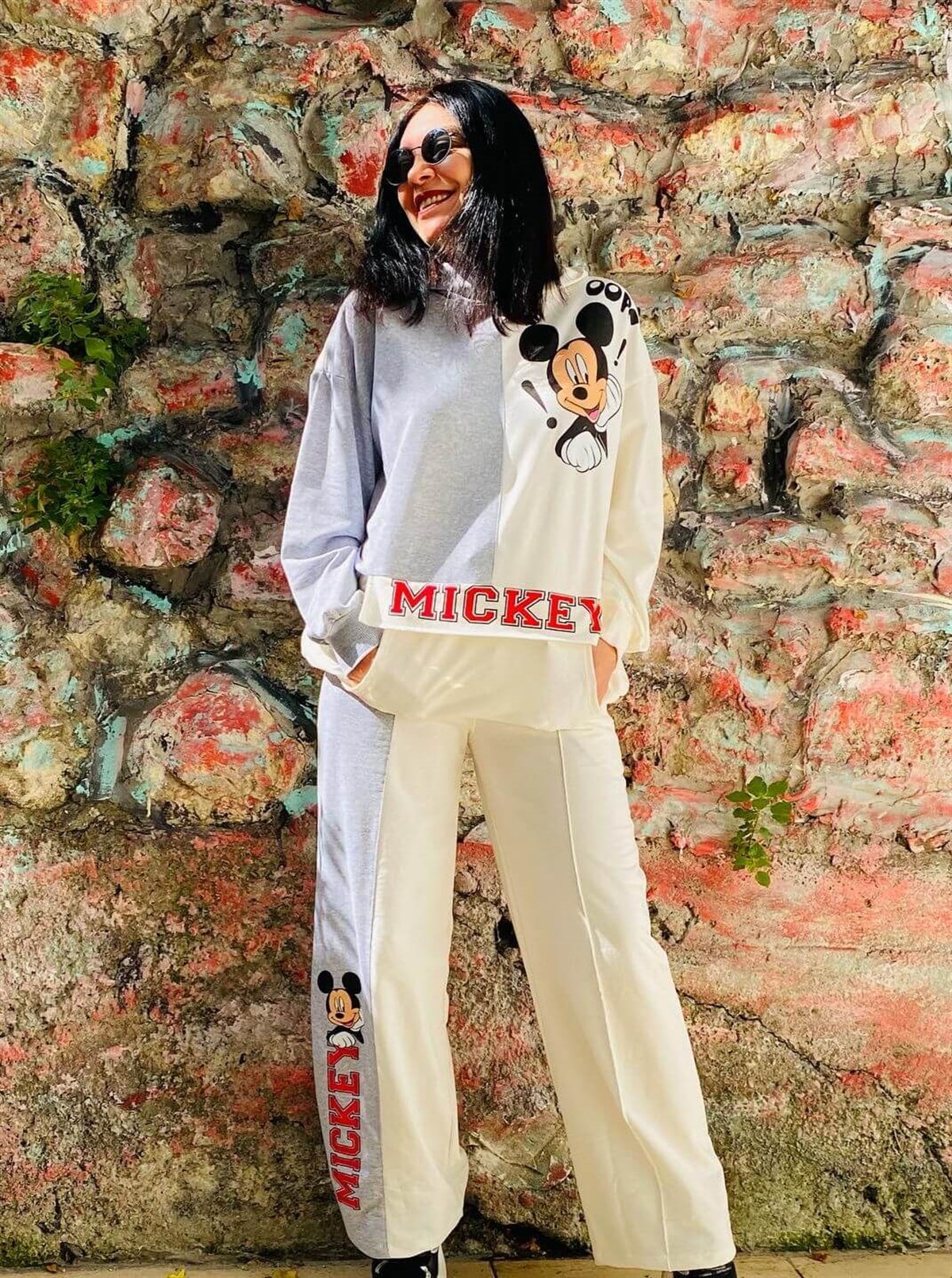 Gri Beyaz Mickey Takım Rahat Kalıp Palazzo Pantolon Ayarlanabilir Tunik Sweat