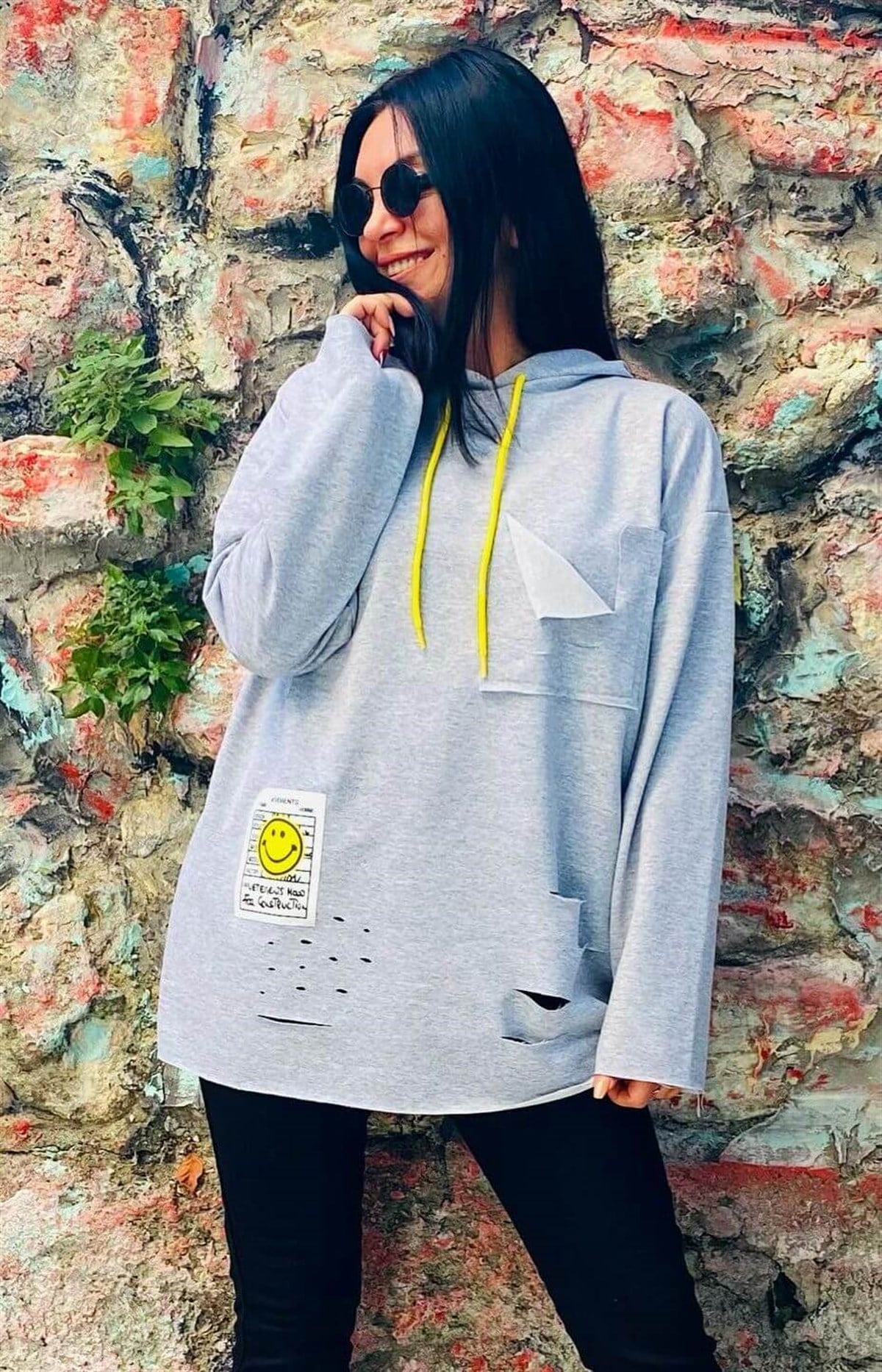 Gri Kapişonlu Yırtık Detaylı Tunik Sweat