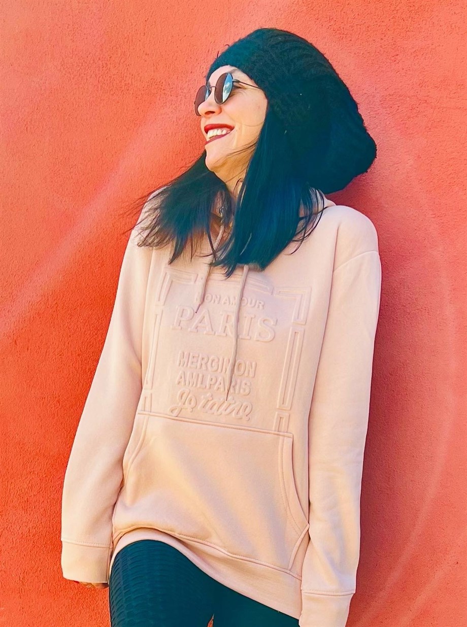 Gül Kurusu Kapüşonlu Kabartma Baskılı İçi Şardonlu Sweatshirt