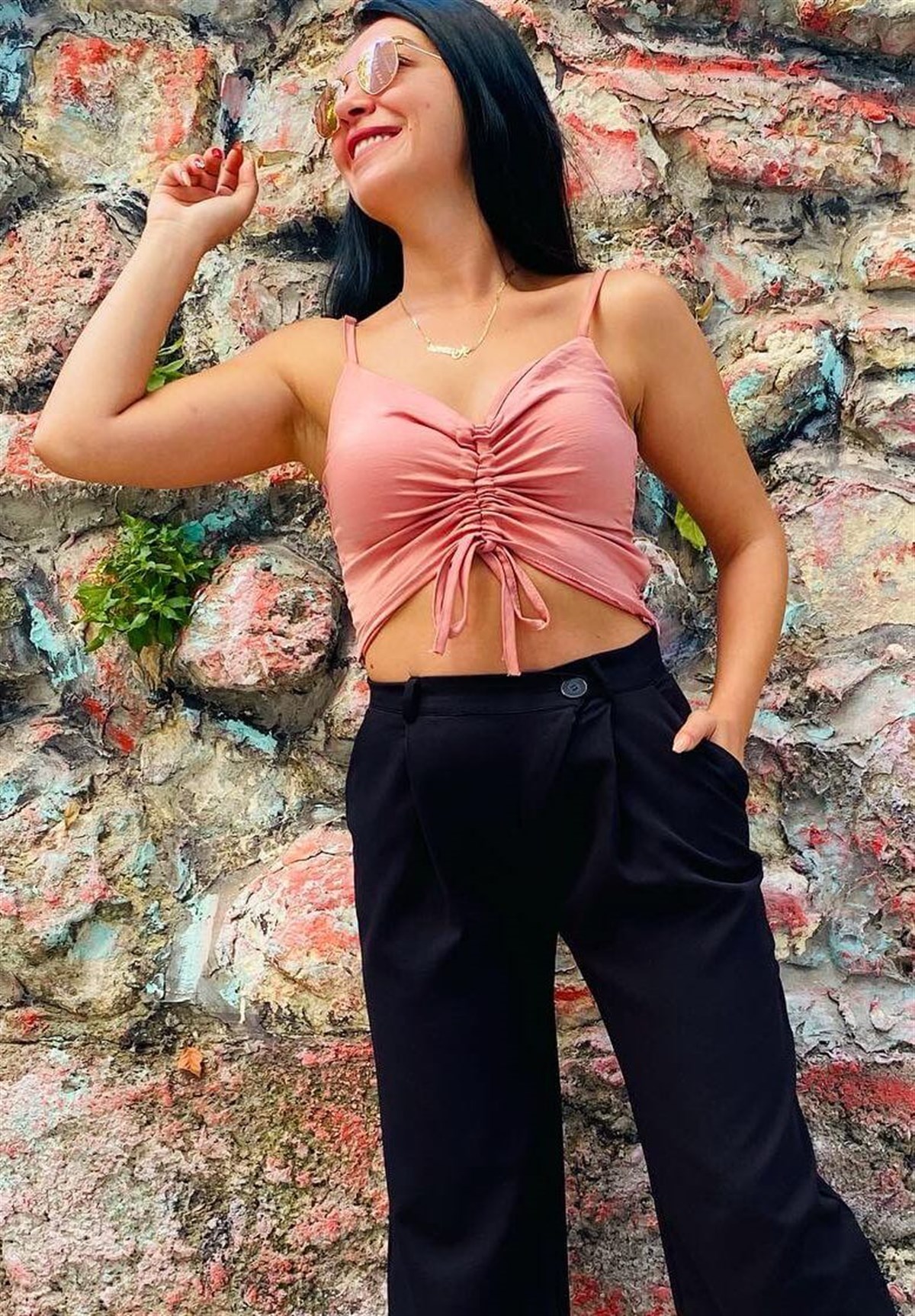 Gül Rengi Önden İple Büzgü Detaylı Krep Ayrobin Crop Bluz