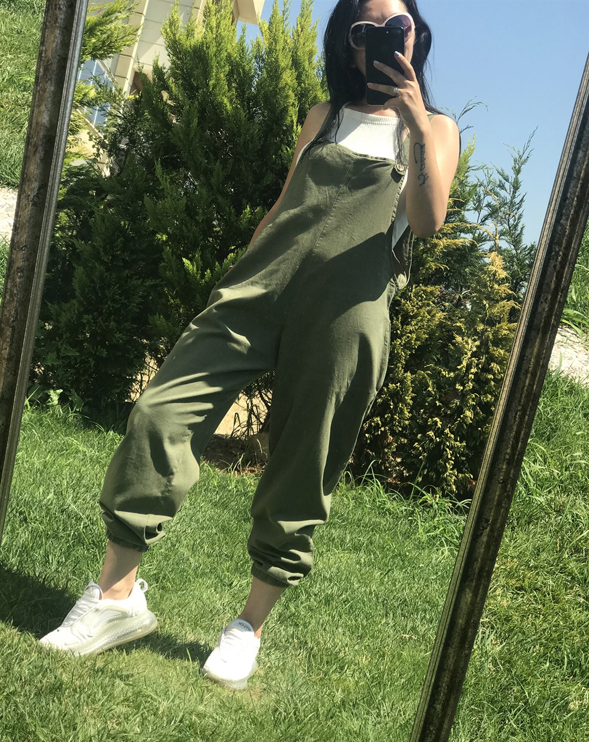Haki Paçası Lastikli Düğme Detaylı Pamuklu Dokuma Salopet