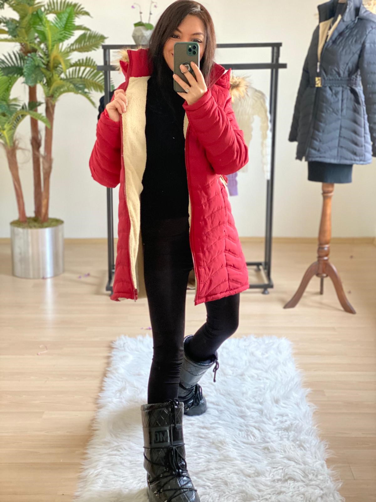 Kapişonlu İçi Yünlü Ara Boy Bordo Büyük Beden Seçenekli Mont