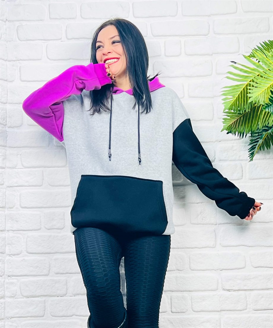 Kapüşonlu Renkli İçi Şardonlu Kanguru Cepli  Sweatshirt
