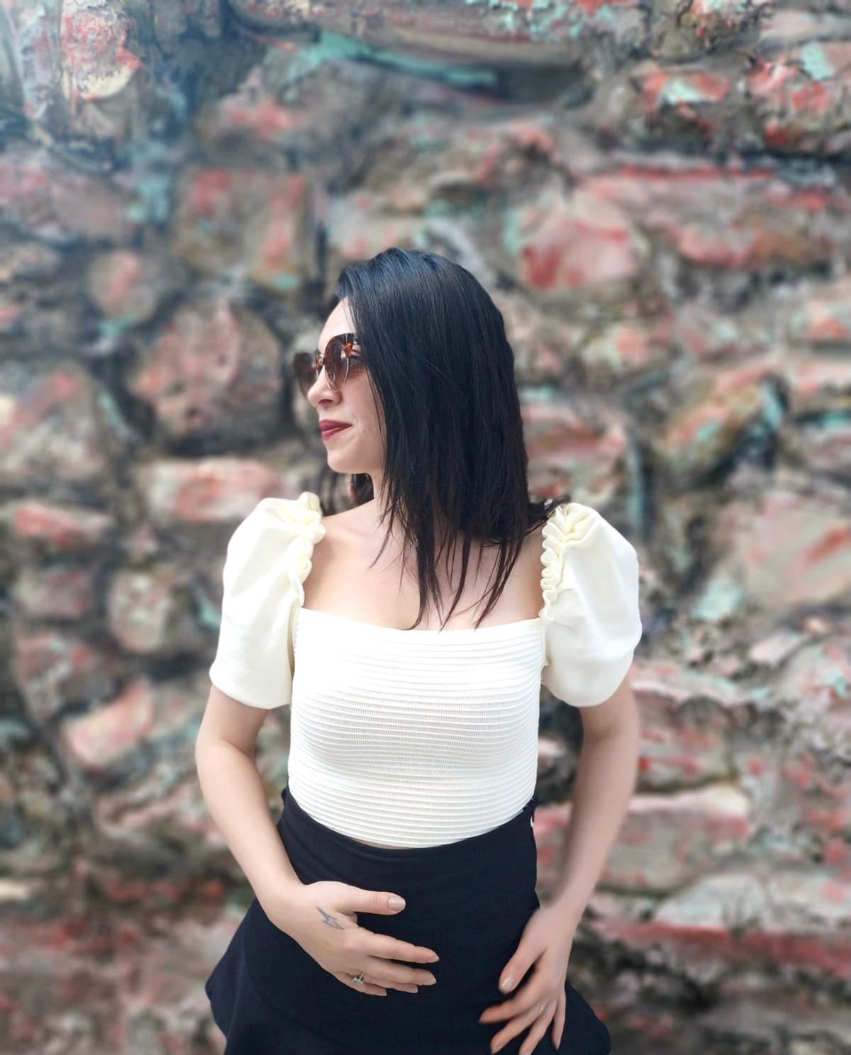 Karpuz Kol Ekru Tasarım Crop Bluz