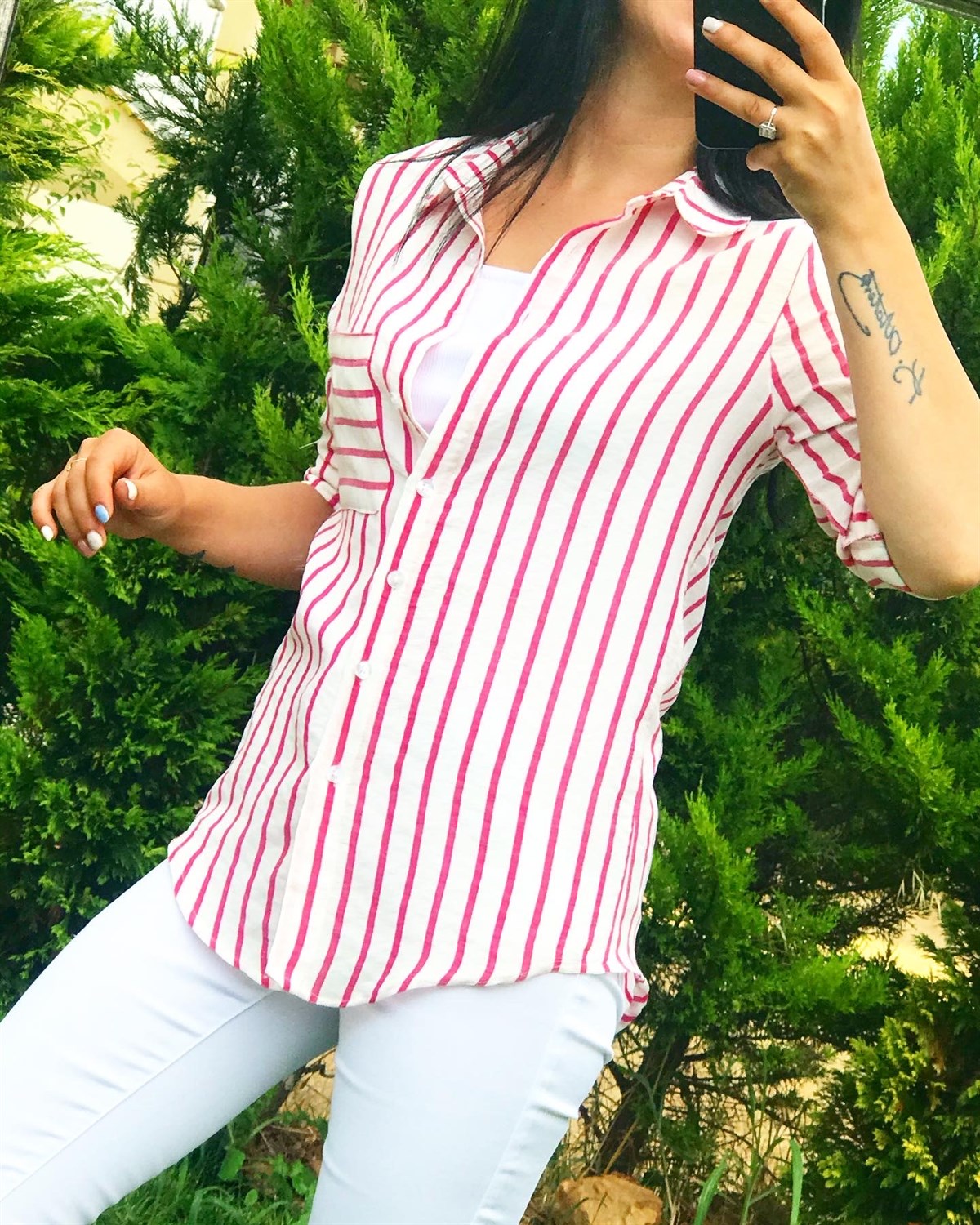 Keten Çizgili Cepli kolları Bağlamalı Düğme Detay Gömlek