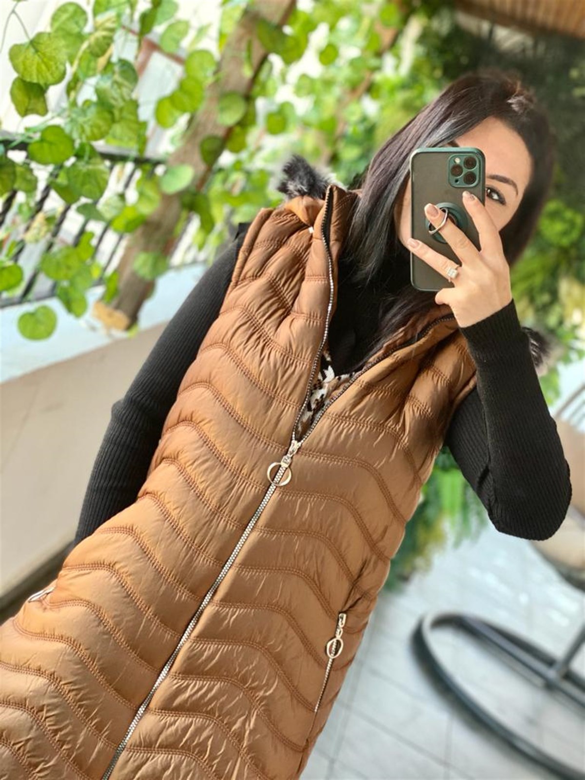 Kiremit Renkli Büyük Beden Seçenekli Midiboy Kapişonlu Şişme Yelek