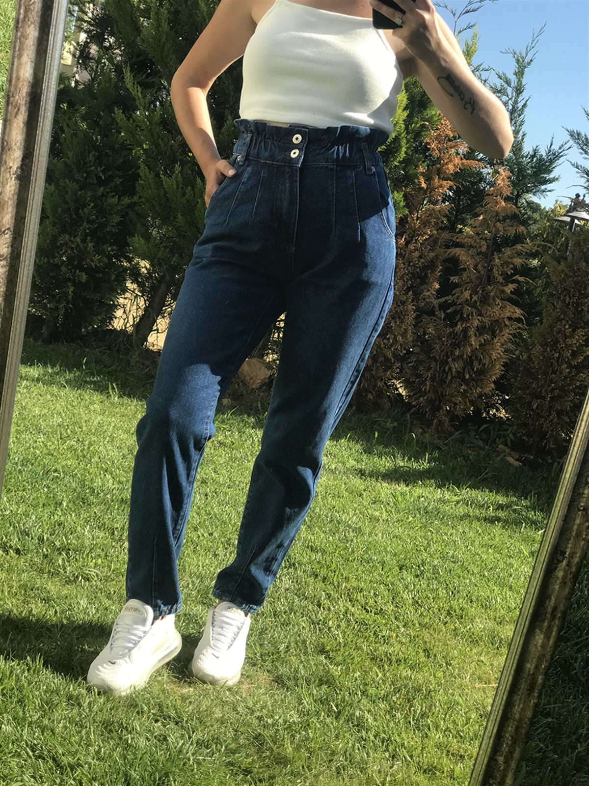 Lacivert Beli Lastikli Mom Jean