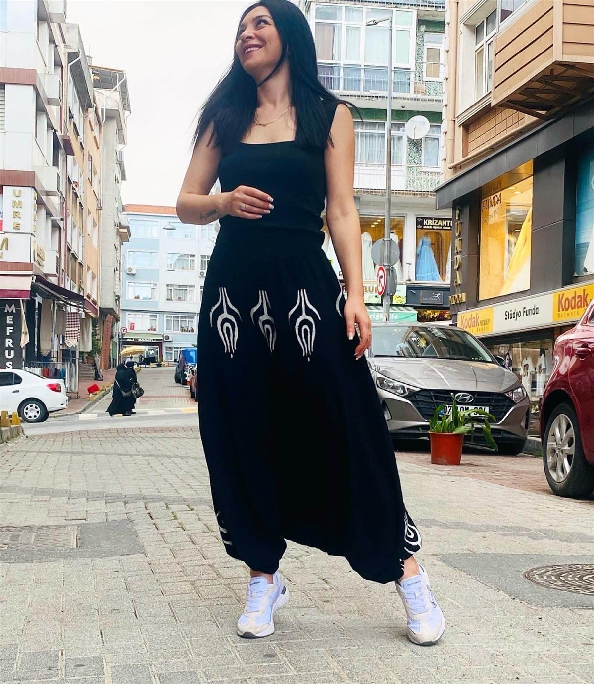 Lale Desenli Bel Paça Lastikli Şalvar Pantolon