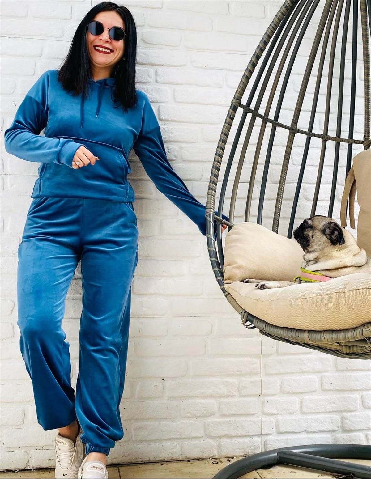 Mavi Kapişonlu Kadife Takım