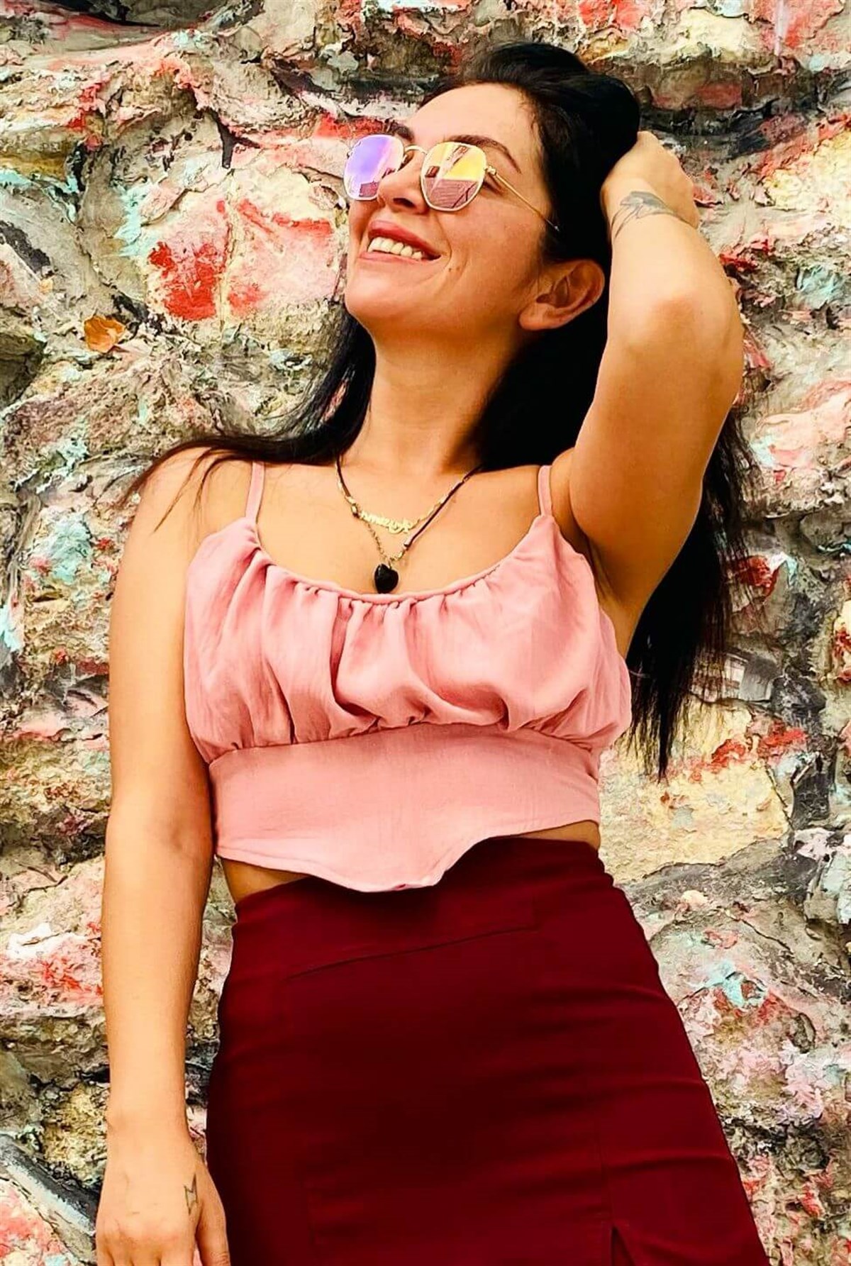 Omuz Askısı Ayarlanabilir Mendil Tasarım Gül Kurusu Crop Bluz