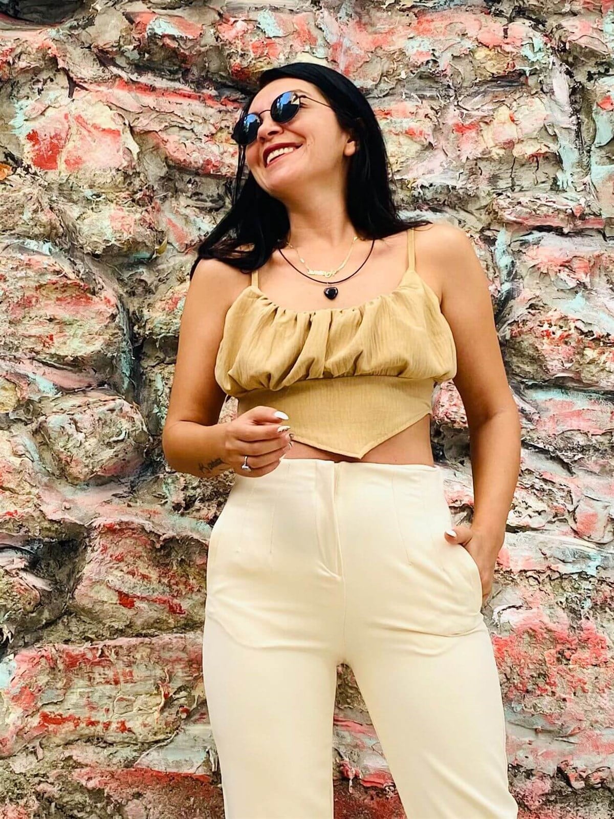 Omuz Askısı Ayarlanabilir Mendil Tasarım Vizon Crop Bluz