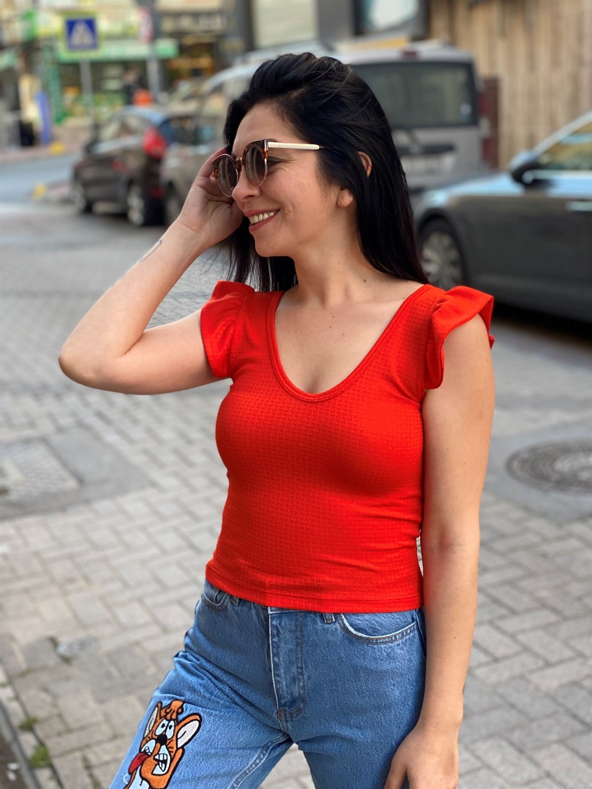 Omuz Fırfır Detaylı Turuncu Crop Top