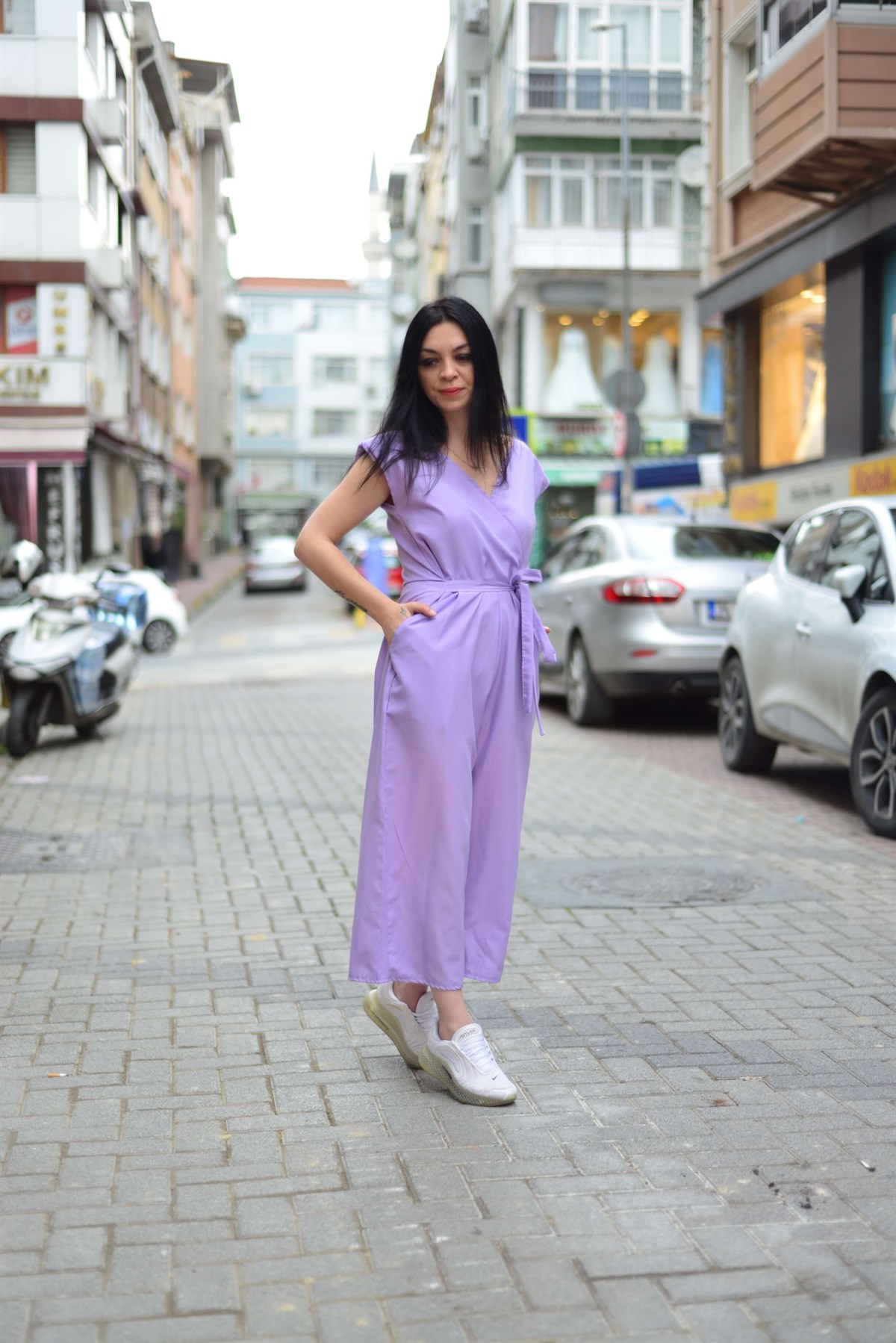 Omuzları Vadkalı Lila Pamuklu Keten Tulum