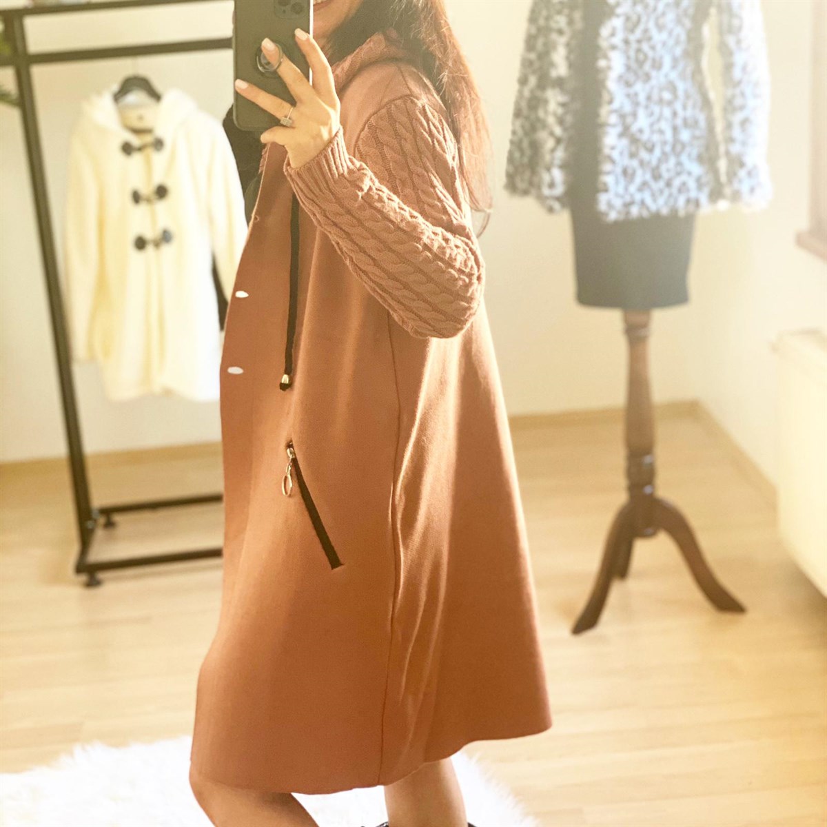 Örme Detaylı Kapişonlu Gül Rengi Triko Hırka