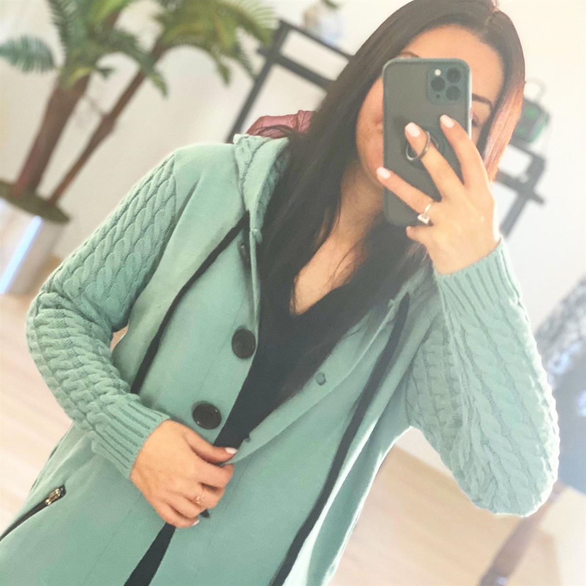Örme Detaylı Kapişonlu Mint Rengi Triko Hırka