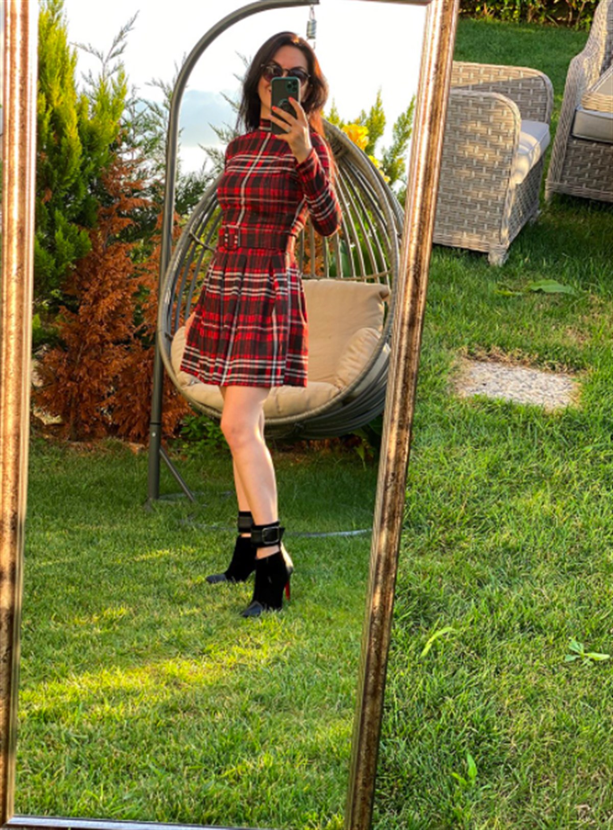 Pamuklu Örme Kumaş Kemer Dahil Kırmızı Kareli Elbise