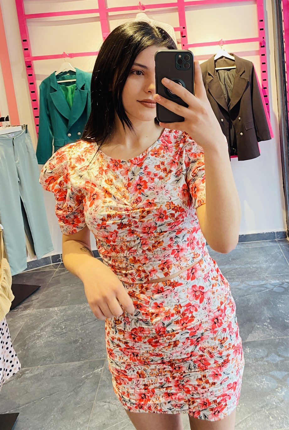 Pembe Büzgülü Prenses Kol Bluz Etek İkili Takım