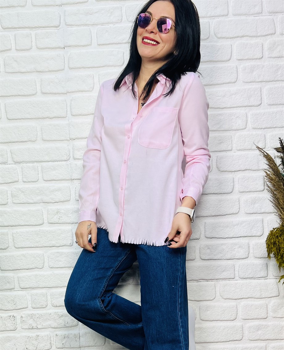 Pembe Eteği Püskül Detaylı Tek Cepli Gömlek