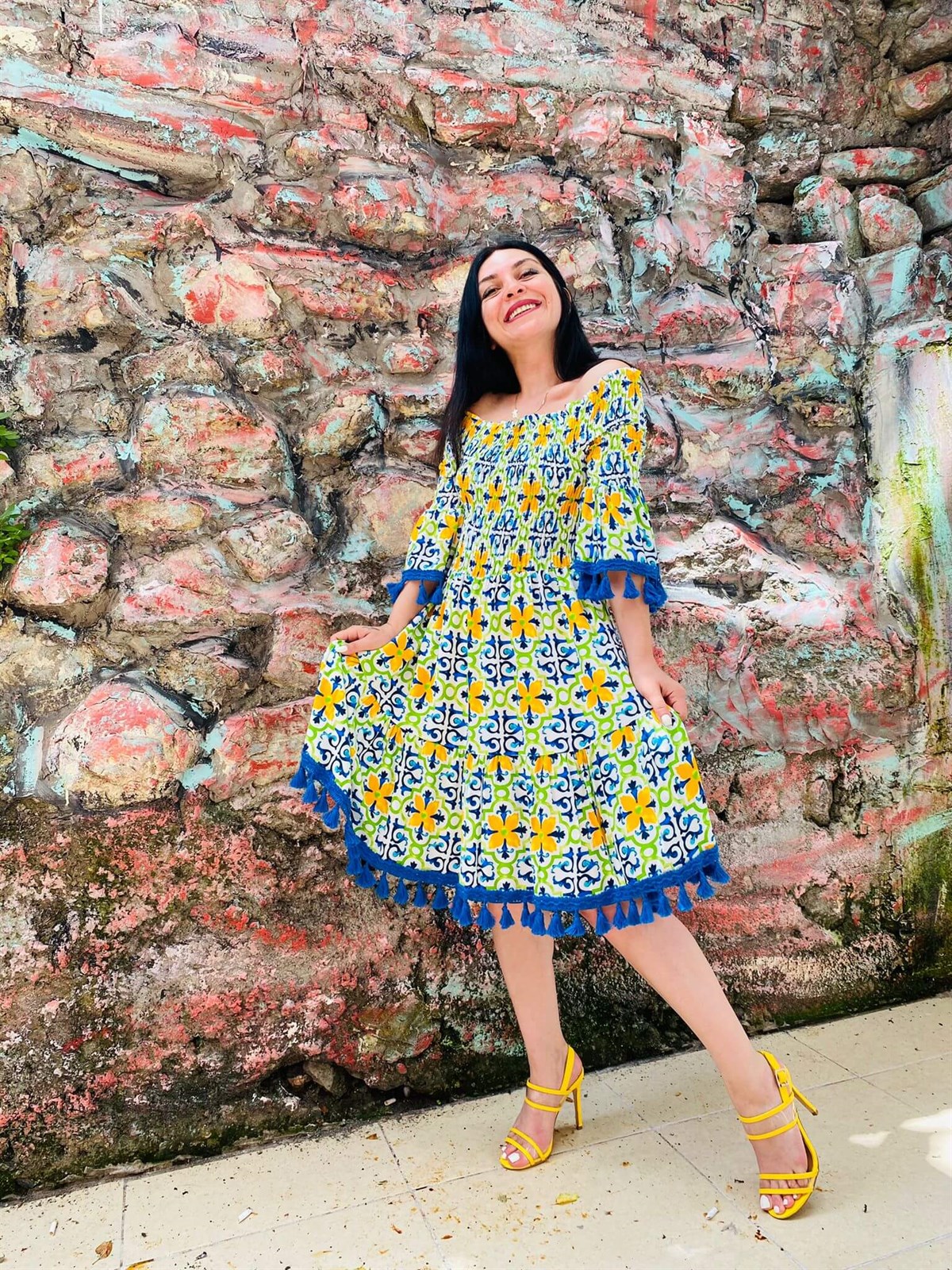 Püskül Detaylı %100 Viscon Gipeli Sarı Elbise