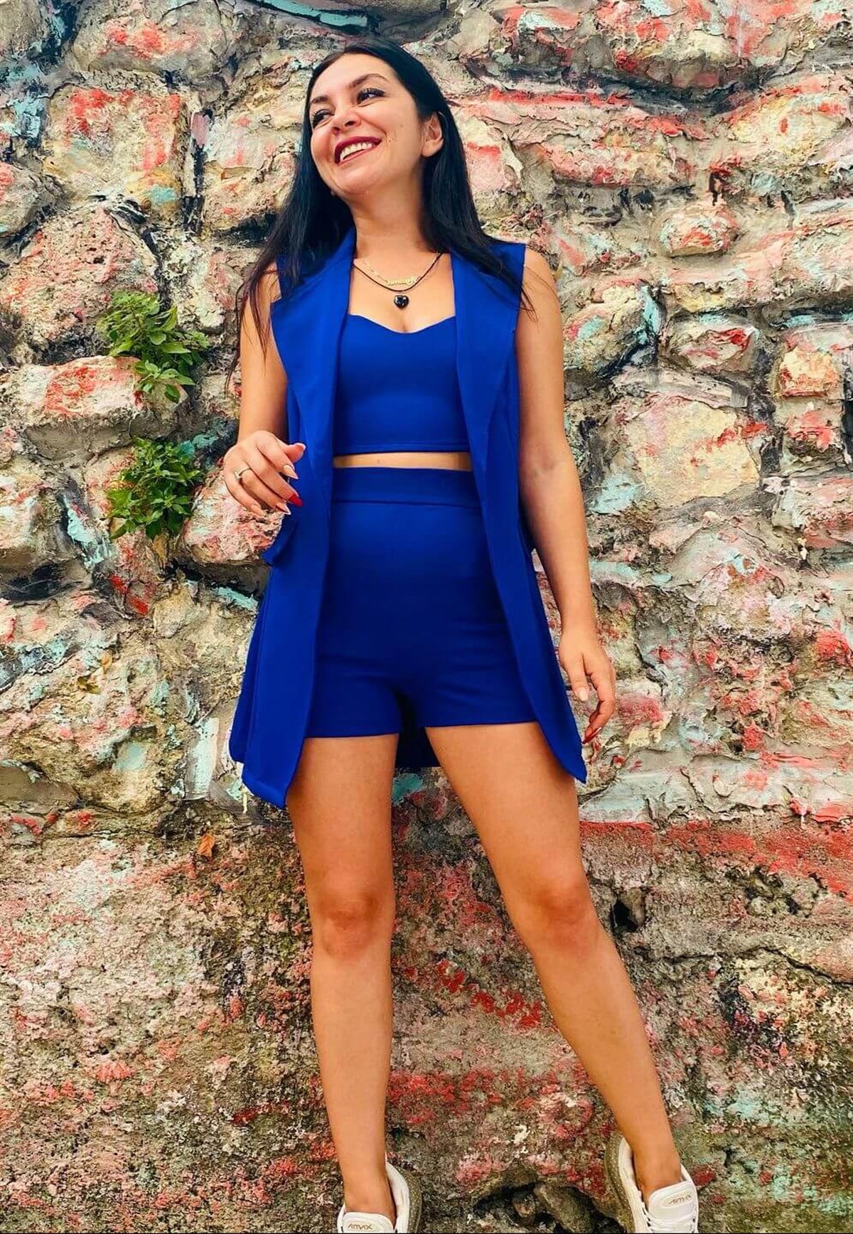 Saks Mavisi Crop Şort Yelek Atlas Takım