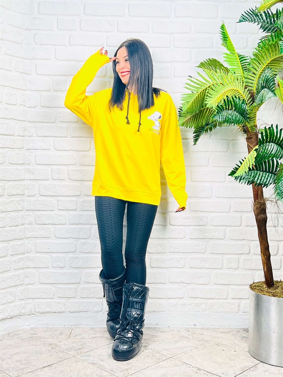 Sarı Kapüşonlu Snoopy Baskılı Sweatshirt 
