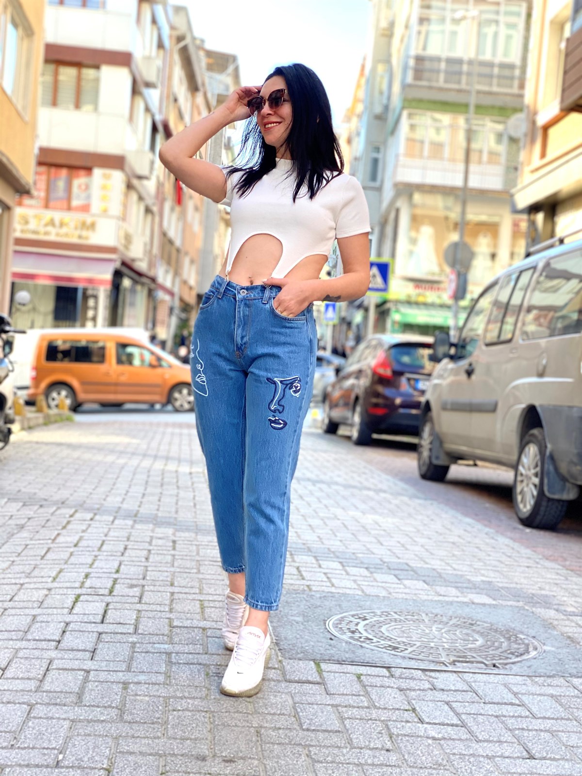 Silüet Baskı Mom Jean