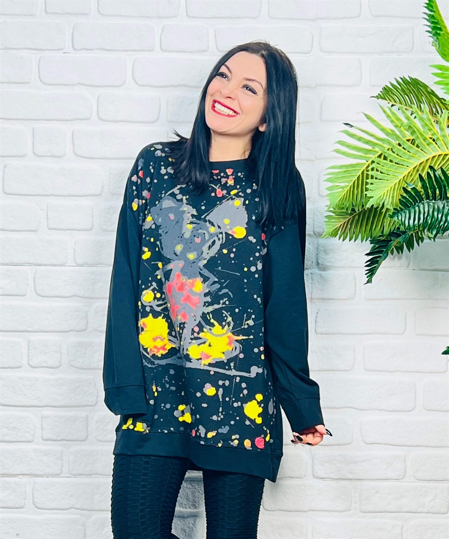 Siyah Bisiklet Yaka Boyalı Mickey Mouse Baskılı Sweatshirt