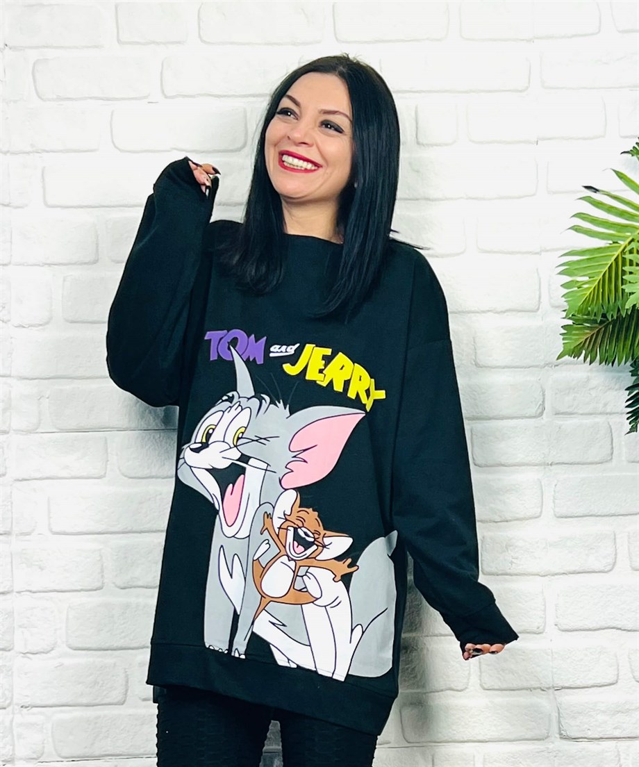 Siyah Bisiklet Yaka Çizgi Karakter Baskılı Sweatshirt