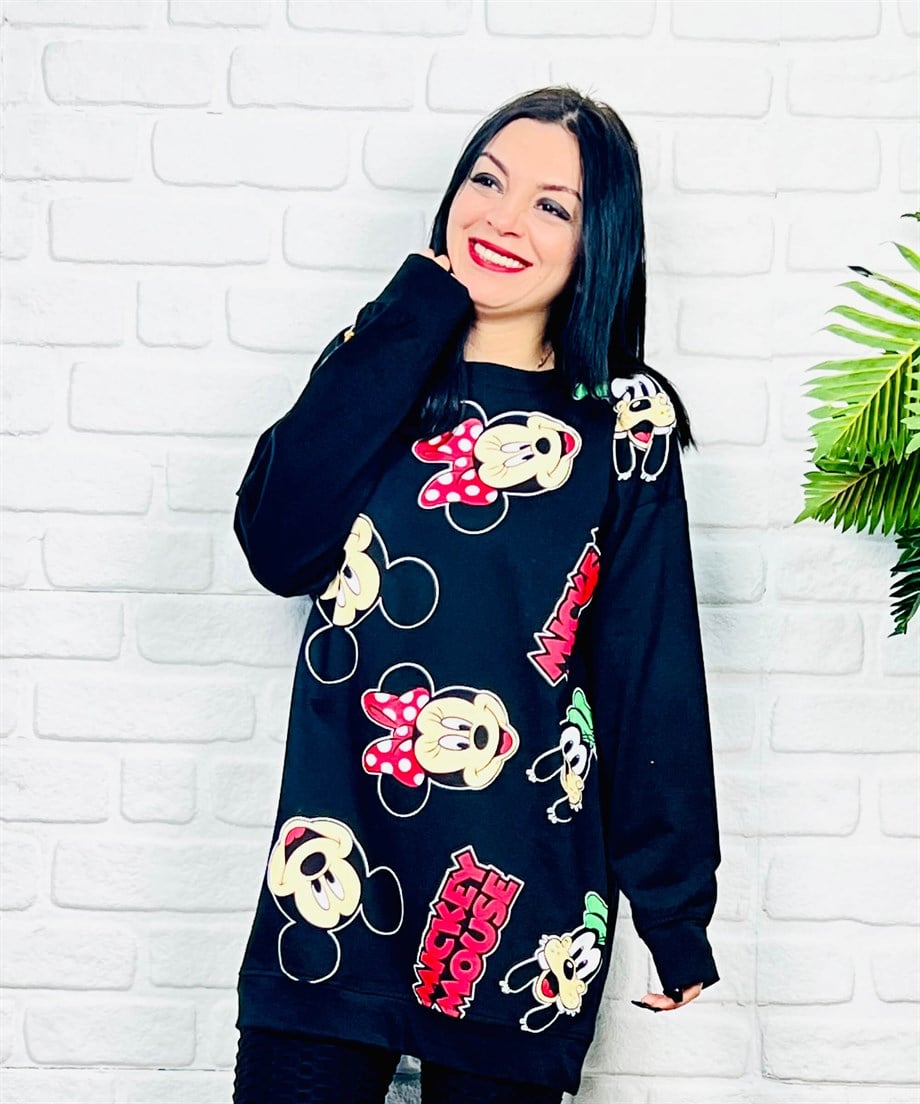 Siyah Bisiklet Yaka Mickey Mouse Baskılı Sweatshirt 