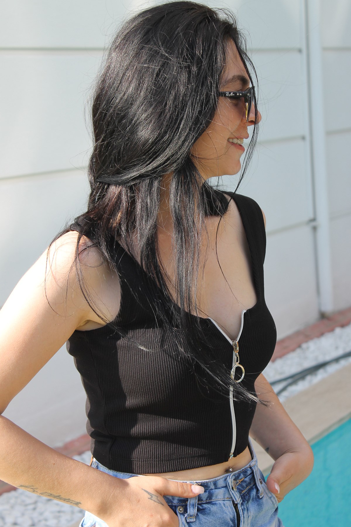 Siyah Fermuar Detay Kaşkorse Crop Top