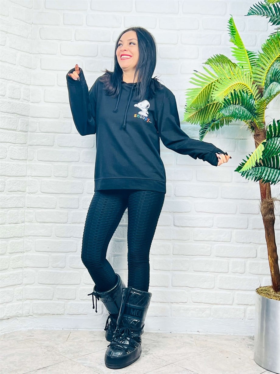 Siyah Kapüşonlu Snoopy Baskılı Sweatshirt 