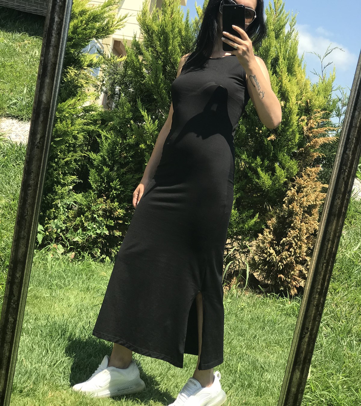 Siyah Maxi İki Yanı Yırtmaçlı Pamuklu Basic Elbise