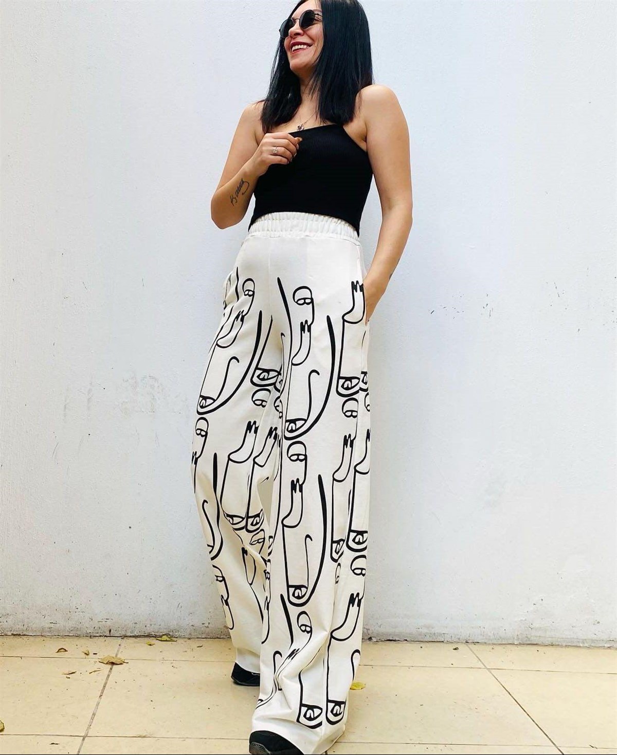 Slüet Baskılı Palazzo Model Ekru Rahat Kalıp Eşofman
