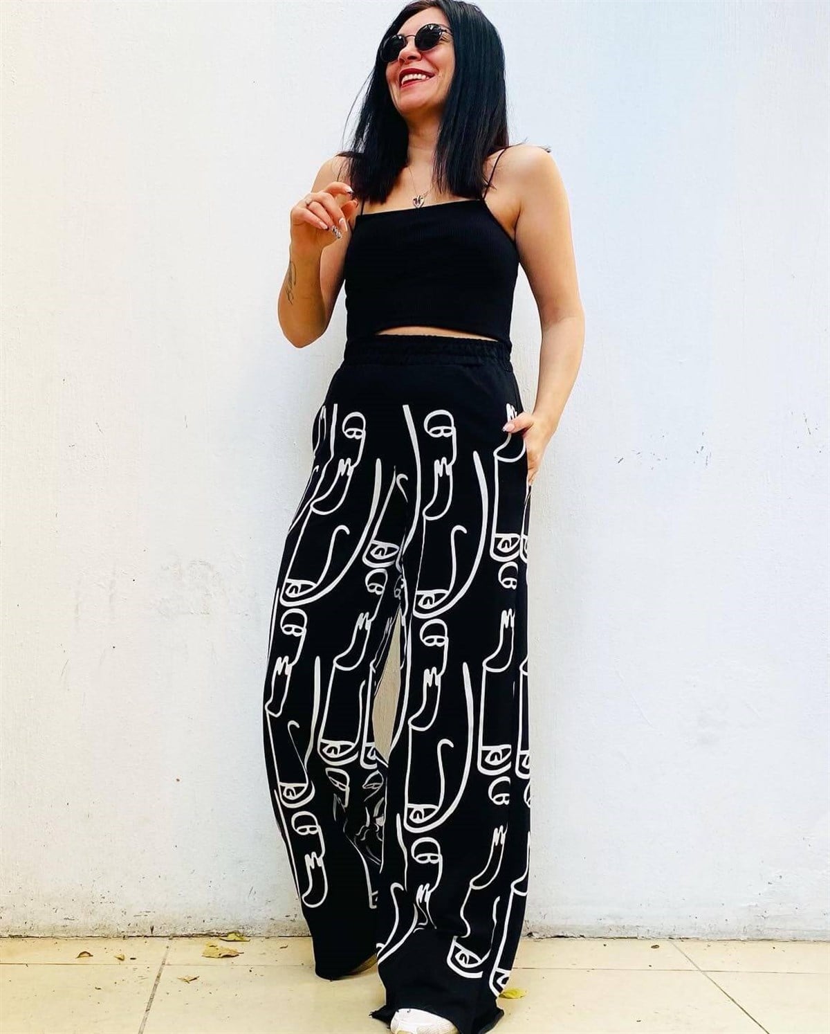 Slüet Baskılı Palazzo Model Siyah Rahat Kalıp Eşofman