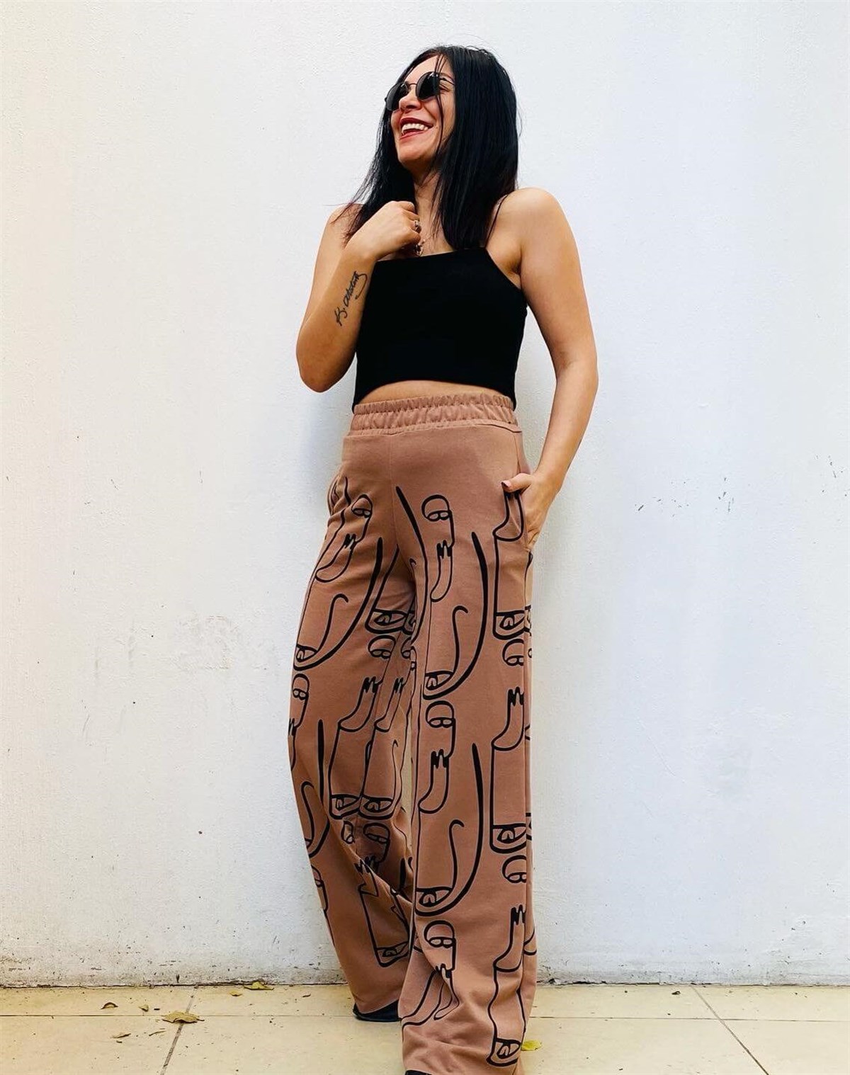 Slüet Baskılı Palazzo Model Vizon Rahat Kalıp Eşofman