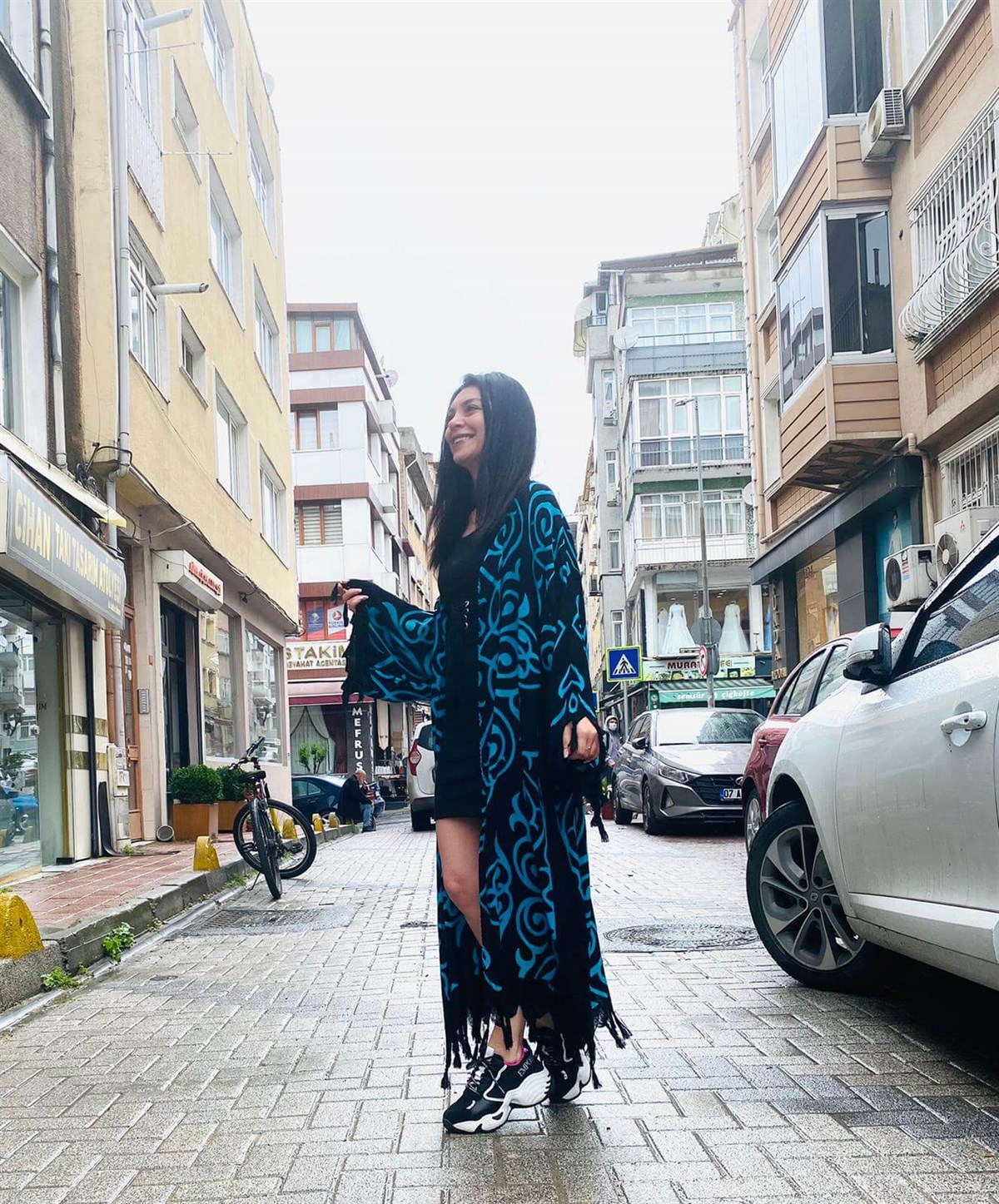 Turkuaz Desenli Püskül Detaylı Kimono