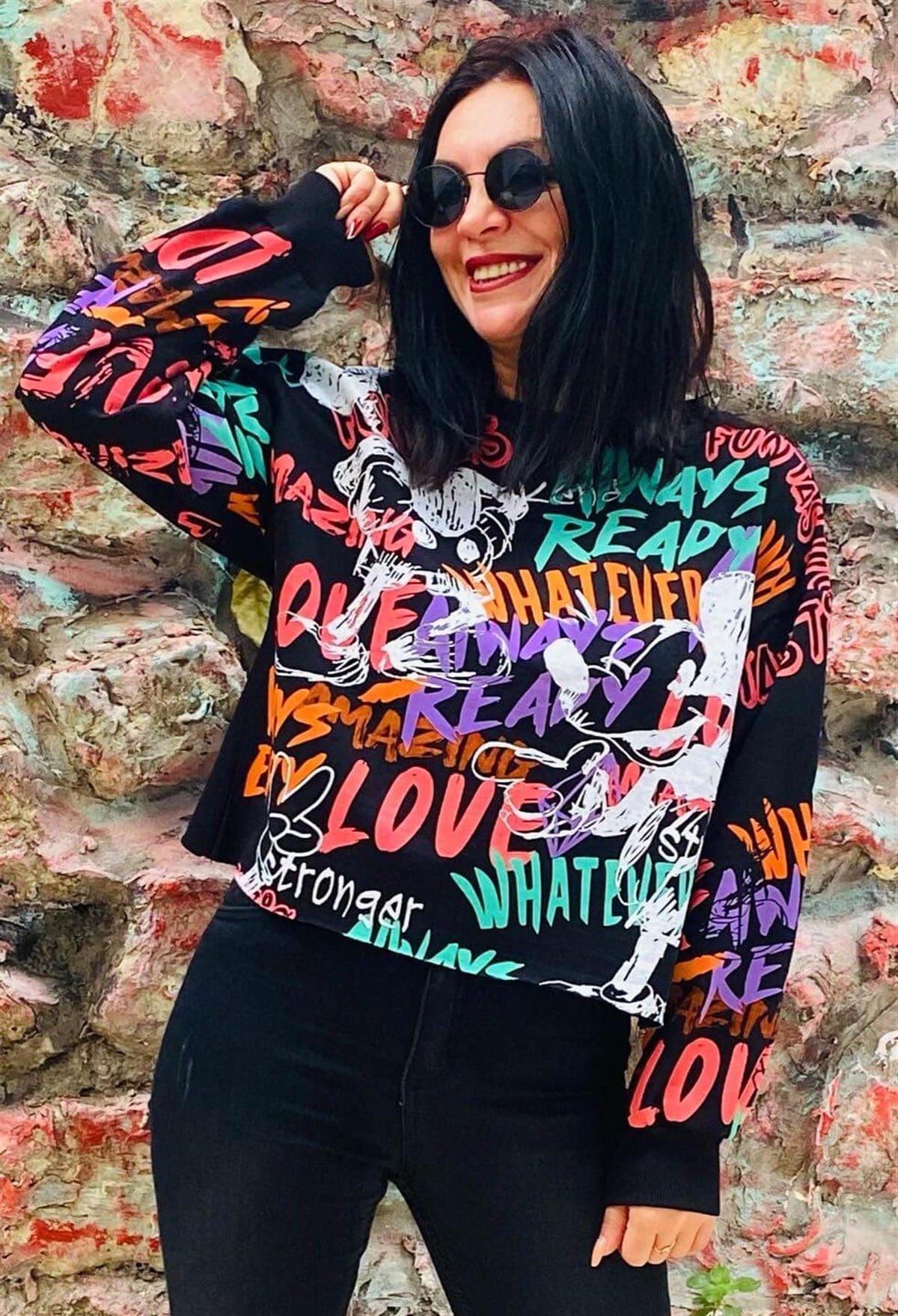 Yazı Detaylı Mickey Siyah Sweat