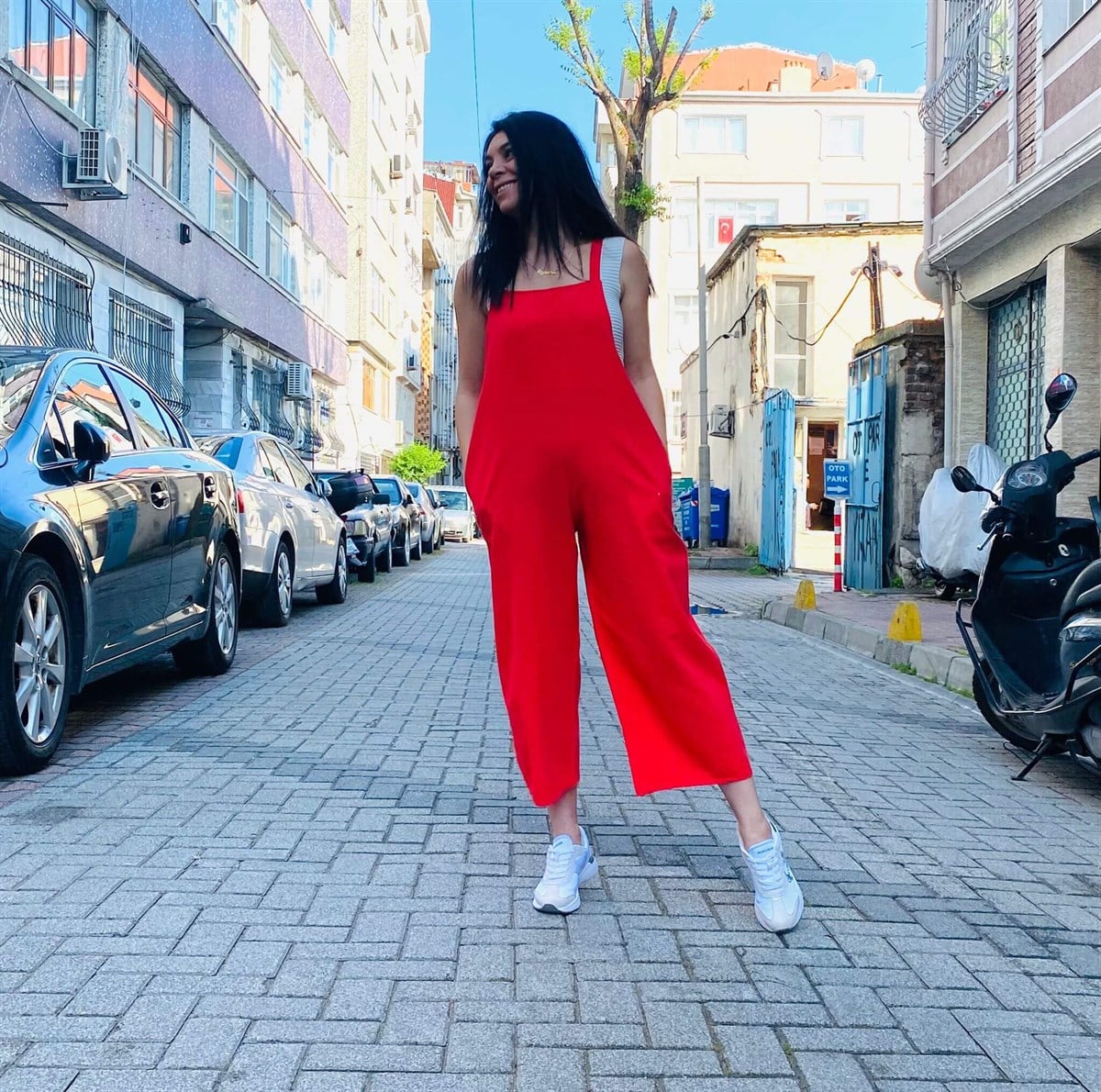 Yeni Sezon Kırmızı Pamuklu Keten Salopet