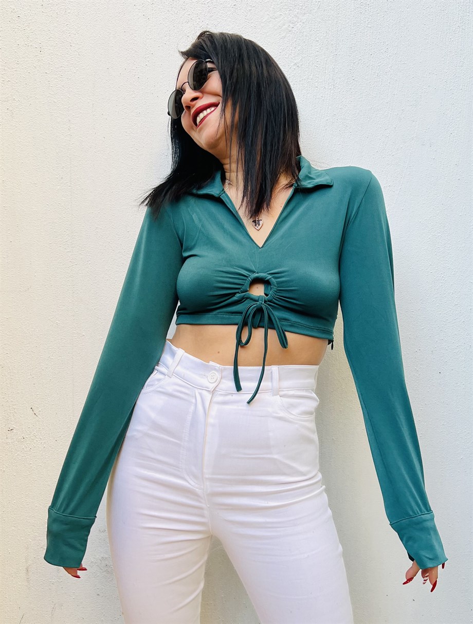 Yeşil Gömlek Yaka Halka Detaylı Yan Gizli Fermuarlı Crop Bluz