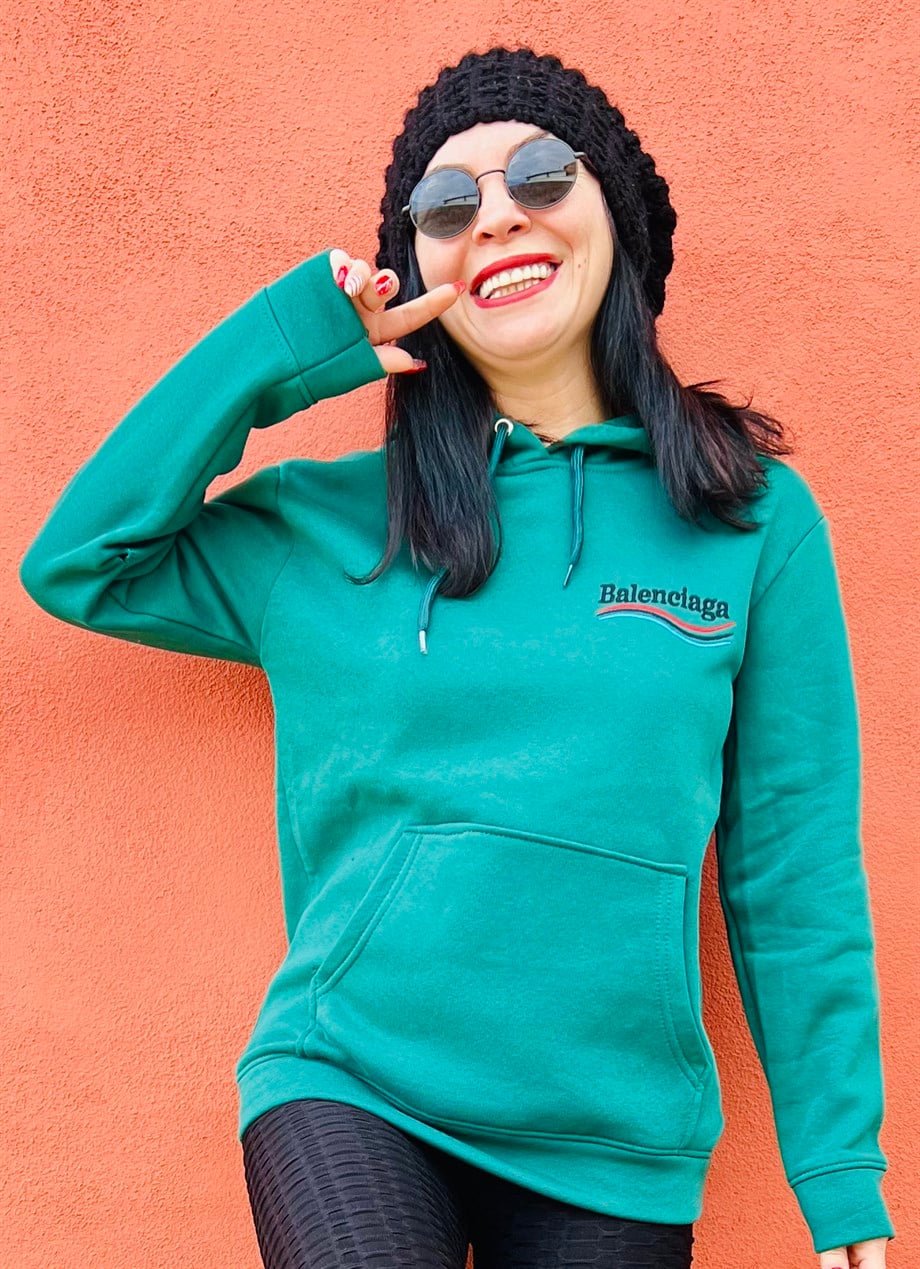Yeşil Kapüşonlu Ön Arka Nakışlı Kanguru Cep Polarlı Sweatshirt